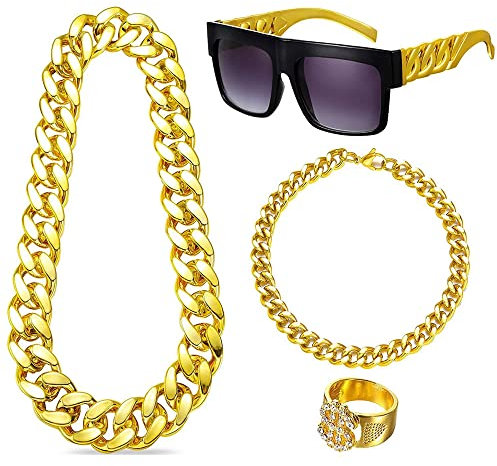 UYUYong Zuhälter Kostüm Set 80er Jahre Kostüm Goldene Dollar Kette & Gold-Armband Ring Brille Persönlichkeit Hip Hop Kostüm Kit Herren 80er 90er für Faschingszubehör Mottopartys Cosplay