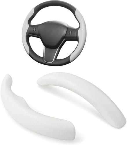 BASENOR Tesla Model 3/Y Steering Wheel Cover ABS Carbon Fiber Steering Wheel Wrap Protector No Slip Breathable Comfortable Grip for Tesla Man and Women 2016-2023 Model 3 2020-2025 Model Y (White) 2PCS