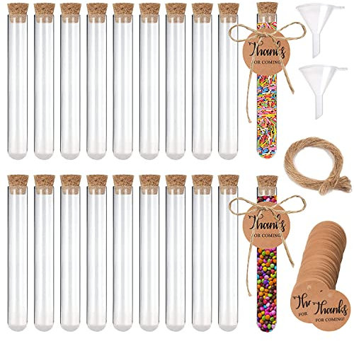 GZGXKJ 42 Stück Reagenzglas mit Korken Transparent Kunststoff 16x100 mm Reagenzglas aus Kunststoff mit 50 Kraftpapieranhänger 2 Trichter 20m Hanfseil für DIY Badesalzbonbons Spices Hochzeits Deko