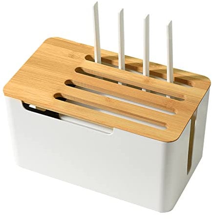 Buachois Kabelmanagement Box mit Holz Deckel und Regal, 31 x 18 x 16,5cm Weiß Kunststoff Kabelbox Große Schreibtisch Kabelkasten für Verstecken TV Computer Router Kabel Steckdosen