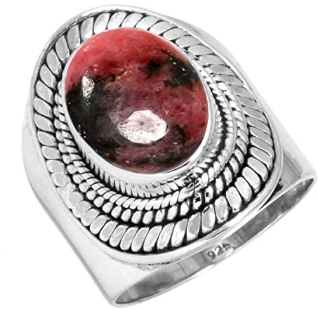 Jeweloporium Rosa Rhodonit Silberring Größe 66 (21,0), 925 Sterling Silber Ring für Damen, Natürlicher ovaler Stein Boho Schmuck