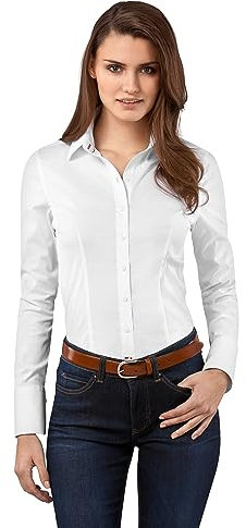 Vincenzo Boretti Chemisier Femme, Coupe cintrée Slim-fit, Tissu élastique-Infroissable et Respirant, mélange de Coton, Manche-Longue, col Kent, uni - Facile à Repasser Blanc 42