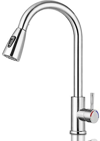 Holdfiturn Kitchen Tap With Pull Out Spray - 360° Swivel Single Handle Mixer Faucet - High Arc 1 Hole Sink Tap