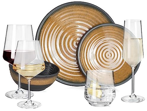 Melamin Camping Geschirr Set 4 Personen Stone Curry + 16 Milano Gläser Wassergläser Weingläser Champagner-Gläser Flûtes Tafelgeschirr Picknick BBQ Kochgeschirr
