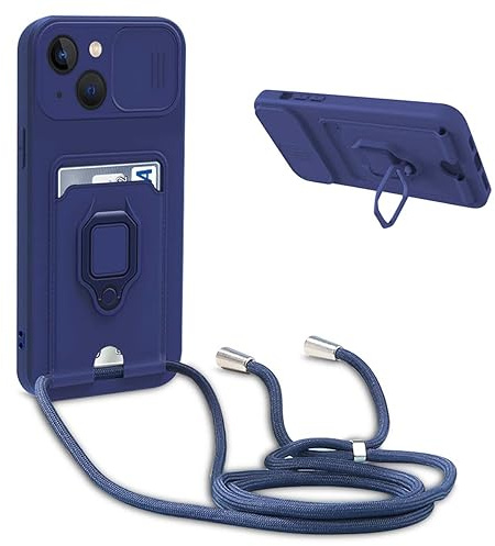 BGHHEU Cover con Cordino per iPhone 14,Custodia con Collana Collo Silicone Antiurto Case,Protezione Fotocamera Slot Carte 360° Anello Supporto,Silicone Case,Blu
