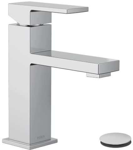 Moen Revyl Chrome One-Handle Single Hole Modern Bathroom Sink Faucet with Optional Deckplate and Spring Loaded Drain Assembly, 84771