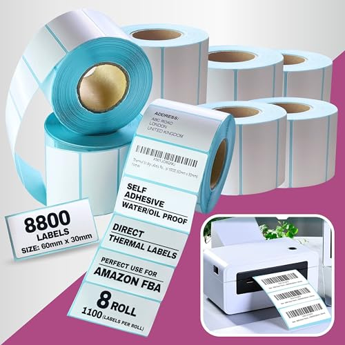 8800 Labels Stickers for Thermal Printer, FBA Barcode White Sticky Labels on a Roll for Label Printer Munbyn Thermal Pinter, Dymo Label Printer, Jadens, Nelko, Polono, Phomemo Printer - 60 x 30mm