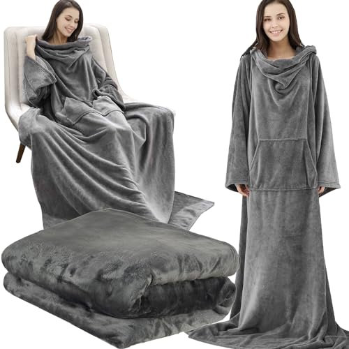 Ruhhy Kuscheldecke mit Ärmeln Oversize Hoodie Decke Deckenpullover 180x210 cm Flauschig für Frauen Männer Kinder Grau 22649