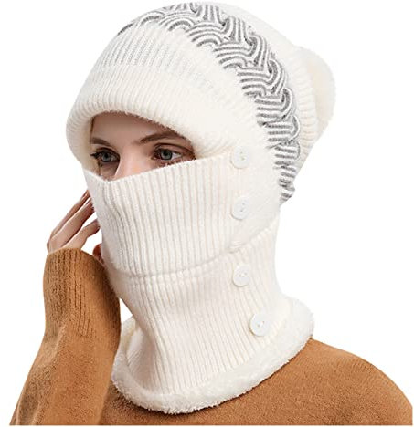 Strickmütze, Halswärmer, Beanie-Mützen für Damen, lässiger Winter, warm, Nackenschutz, Kopfbedeckung, Schal, Bommel, Strickmütze, Kopfwärmer, Ohrwärmer, Nackenwärmer, Set für Outdoor-Sportarten, 01