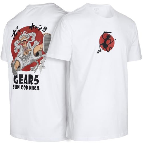 Japanese One Ruffy Piece Monkey Luffy Sun God Nika Gear 5 Devil Fruit Anime Fans Premium 100% Cotton Crew Neck Short Sleeve Men's T-Shirt(White，S)