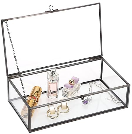 TOLIDA Grande boîte vintage avec couvercle en verre – Présentoir à bijoux rectangulaire pour bagues, bracelets, colliers – Rangement de table (noir)