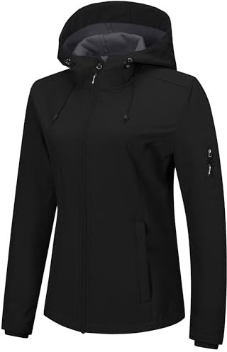 Outdoor Ventures Veste softshell imperméable et respirante pour femme - Veste demi-saison coupe-vent - Veste fonctionnelle avec capuche, Noir , XXL