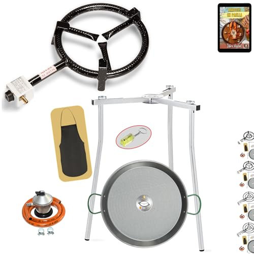 COMBOI Paellero gas butano 30 CM, Paellera 42 CM, Kit Quemador, Regulador de gas, Manguera, Patas Trípode, Nivel, delantal, Libro de Recetas digital (KIT 300 + Patas Trípode)