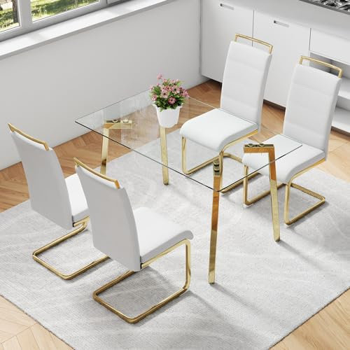 LFVFFA Juego de mesa de comedor de cristal para 4, mesa rectangular de vidrio transparente con patas doradas, juego de 4 sillas de cocina de 51 pulgadas, juego de 4 sillas de cocina de piel sintética
