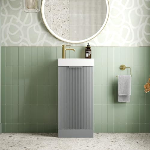 BAYSTONE® Fluted 400mm Bathroom Vanity Unit Ceramic Wash Sink, Cloakroom Storage Furniture Under Basin Cabinet Floorstanding Cupboard, Matt Grey
