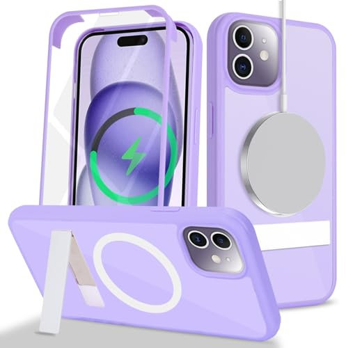 Zouzt for iPhone 12/12 Pro 6.1 Inch Case with Screen Protector, 360 Full Body with Glass Screen Protector [for Magsafe] [Shockproof] Stand Heavy Duty Protection Phone Case - Purple