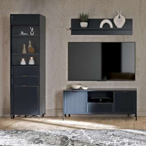 Wohnwand Anbauwand Wohnzimmer Set Indigo blau modern 3-teilig Vitrine Wandregal Lowboard