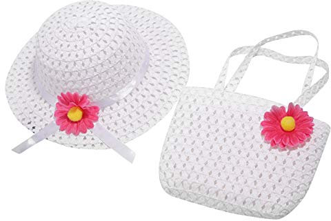 UnoSheng Mütze Stern Mädchen Stroh Girls Kindertasche Sunhat Beach Baby Set Mütze + gewebte Kinder Mütze für Kinder Mädchen Mütze Mit Fell (White, One Size)