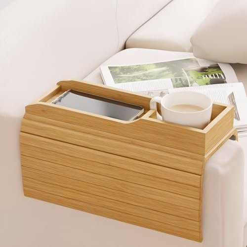 Natural Bliss Bandeja de Bambú para Sofá – Reposabrazos Plegable y Antideslizante | Organizador para Mandos, Bebidas y Móviles