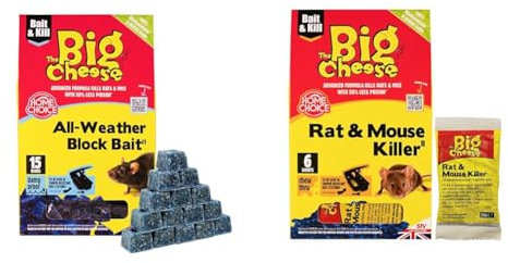 The Big Cheese All-Weather Block Bait - 10g x 15 Kills Mice and Rats Damp-Proof, Weather-Resistant & Rat & Mouse Killer Grain Bait Sachet - 25g x 6 Kills Mice Pre-Measured Chew Through
