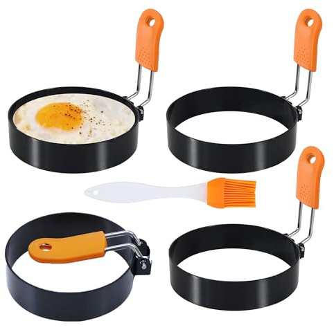 3.5 Egg Rings Set of 4 with Silicone Handle, Large Ring for Frying Eggs, Round Mold for English Muffins - Griddle Cooking Shaper for Indoor Camping Breakfast Sandwiches w/Silicone Oil Brush
