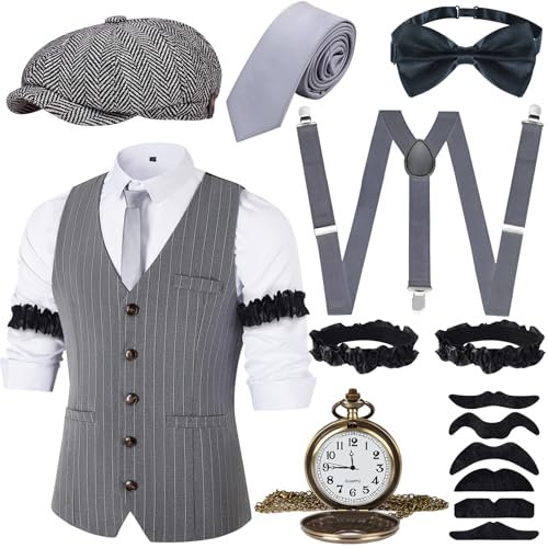 JONRRYIN 20er Jahre Kostüm Herren Accessoires, 1920er Mafia Kostüm Herren Set, 20er Jahre Kleidung Zubehör mit Westen & Verschiedenen Accessoires für Halloween, Karneval Kostüm (Grau, L)