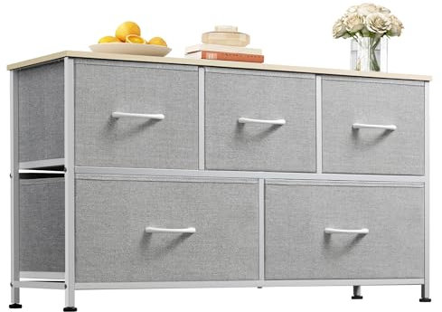 WLIVE Kommode mit 5 Schubladen aus Stoff, Kommodenschrank für Schlafzimmer, Kommode Wohnzimmer, mit Stabiler Stahlrahmen, Holzplatte, Hellgrau