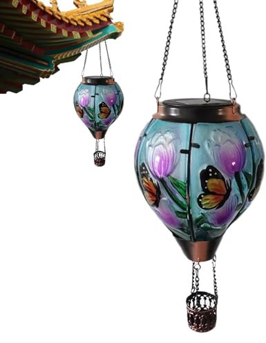 Hot Air Balloon Solar Garden Light, Flame Effect Garden Ornaments Outdoor, Hanging Hot Air Balloon Landscape Light, Waterproof Metal Solar Flickering Light