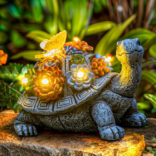 YDKOJGW Solar Garden Outdoor Statues with Succulent and 7 LED Lights - Lawn Decor Tortoise Statue for Patio, Balcony, Yard Ornament - Unique Housewarming Gifts (Gray Turtle)