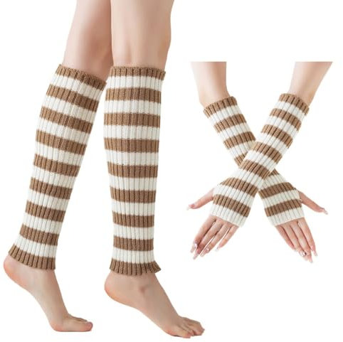 Whakano Fingerlose Handschuhe und Beinstulpen Set,Strick Beinwärmer Armwärmer Damen Warm Gestreifte Handwärmer Legwarmer Winter,Armstulpen Lange Stulpen für Yoga,Laufen,Party,Festival,Khaki Beige