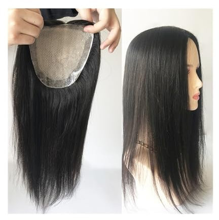 Haartopper für Frauen Silky Straight Human Hair Topper, 12x13CM Silk Skin Base Hair Topper with PU Around, 130% Density Natural Black European Virgin Hair Pieces No Clips Haarteil(14 inches)