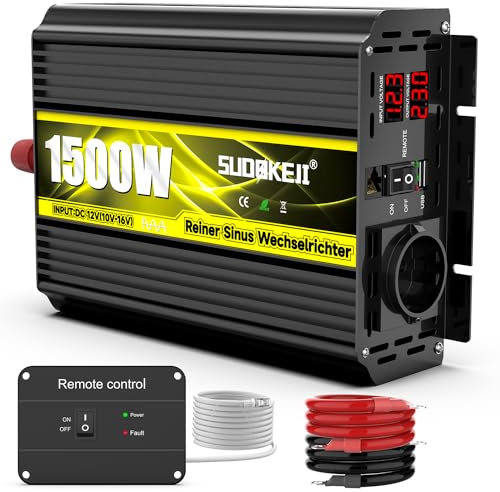 SUDOKEJI Spannungswandler 1500W/3000W Reiner Sinus Wechselrichter 12V auf 230V EU-Steckdose mit LCD Bildschirm und Fernbedienung,USB-Port für Kfz LKW Camping