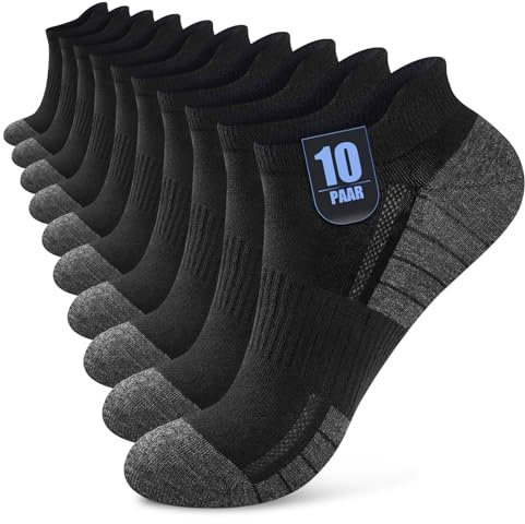 Effeet 10 Pares Calcetines Tobilleros Hombre Mujer, Calcetines Cortos Algodón Transpirables, Ideales para Deporte, Correr, Casa, Trabajo, Verano, Negro 39-42