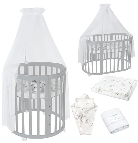 Waldin Oval Baby-Bett Mitwachsend Komplett Set 7in1, Gitterbett, Kinderbett mit Matratze, Wickelkommode, Beistellbett, Holz Grau, Stoffe Weiß Zweige