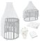 Waldin Oval Baby-Bett Mitwachsend Komplett Set 7in1, Gitterbett, Kinderbett mit Matratze, Wickelkommode, Beistellbett, Holz Grau, Stoffe Weiß Zweige