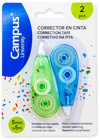 Campus Lot de 2 rubans correcteurs blancs recyclables pour stylos à séchage instantané 5 mm x 5 m