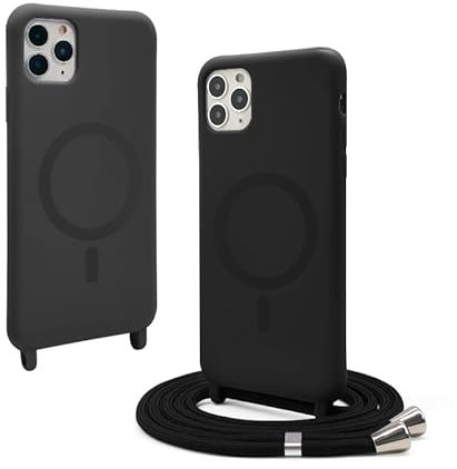 CUZZCASE Funda Magnética Compatible con iPhone 11 Pro MAX(6.5),(Compatible con MagSafe Carga Inalámbrica), Ajustable Collar Correa Silicona Carcasa-Negro