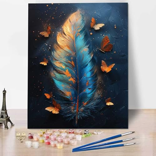 HENJGWEG Plume Peinture par Numéros Adultes Enfants Débutants, Peinture Numero Adulte DIY Kits de Peinture à l'huile, Peinture par Numéros pour la Décoration de la Maison Papillon 50x65 cm L-1