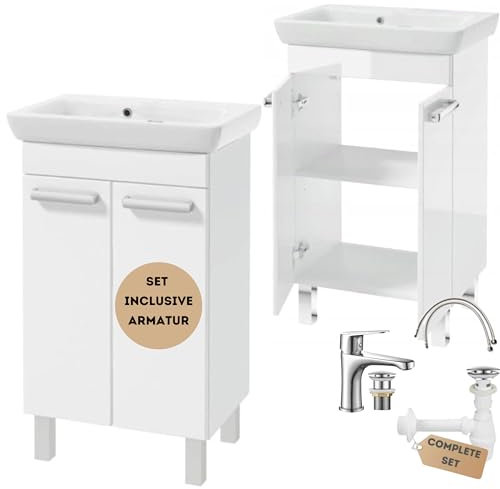 .Deftrans - Waschbecken mit Unterschrank stehend 55 cm Set – Badmöbel Hochglanz Weiß – Waschtisch mit Schrank & Keramikbecken – inkl. Armatur, Syphon & klick-Klack – Gäste WC geeignet