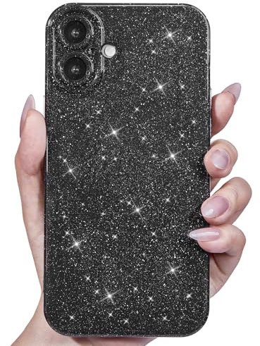 Svanove for iPhone 16 Case Glitter, Sparkly Girly Cute Bling Sparkle Shiny Shimmer Bright Phone Case for Women Girls, Glittery Thin Slim Jelly Soft Silicone Rubber Gel Plastic Cover, Black