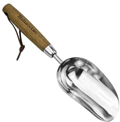 Haliaeetus Potting Soil Scoop, Bend-Proof Stainless Steel Garden Scoop, 1 Cup Big Volume Garden Soil Scoop, Comfortable Wood Handle Soil Scoop for Transplanting, Cultivation, Composting and Planting