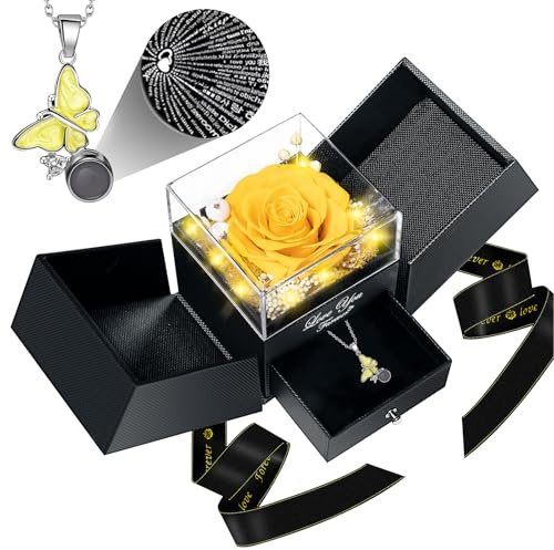 DRTINA Preserved Yellow Real Rose-Eternal Flowers Rose Gifts for Mom Grandma Wife Girlfriend on Mothers Day Valentines Christmas Anniversary Romantic Gifts for Her with I Love You Necklace