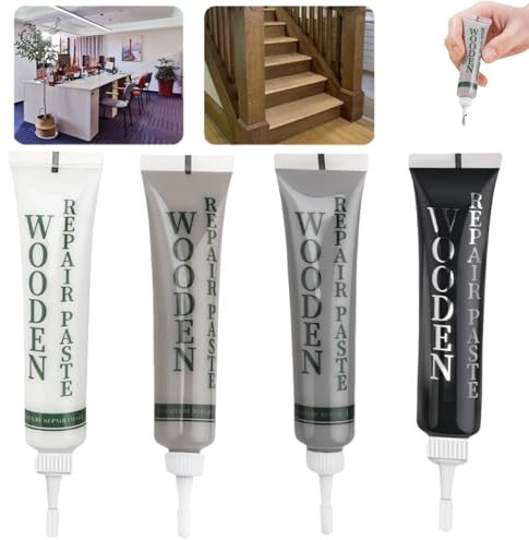 4PCS Wood Furniture Repair Kit,Black Dark Light Grey White Touch Up Filler,Laminate Floor Filler,Wooden Floor Scratch Repair,Furniture Maintenance Paste,Suite Fixes for Scratches Cracks Holes Stains