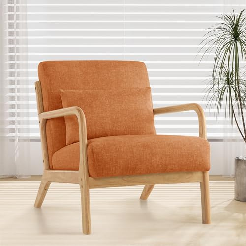 XH.Easy Go Accent Sessel mit Kissen,Moderner Polstersessel für Wohnzimmer,Lounge-Stuhl mit Armlehnen&Holzrahmen,bequemer Lesesessel,Stoff Orange