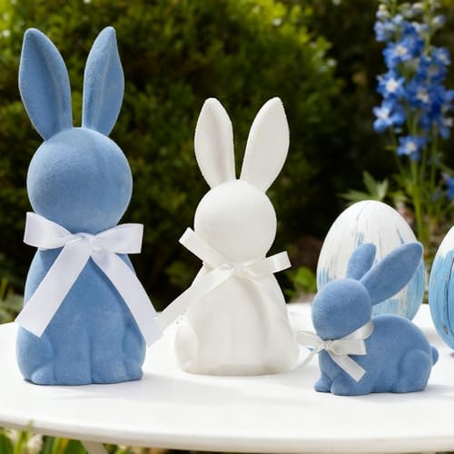 DN DECONATION Osterdeko Hasen Figuren Set aus 3, Blau & Weiße Flock Harz Hasen Statuen mit Schleifen für Frühlings Tischdeko und Landhaus Wohndekoration, Osterdeko für Regal Kamin Couchtisch Geschenk