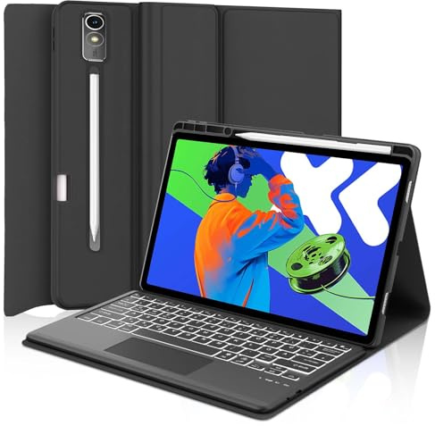 Hülle mit Tastatur für Lenovo idea Tab Pro 12.7 2025 con Touchpad, Bluetooth 7 Farbige Beleuchtung Magnetisch QWERTZ Keyboard für Lenovo Idea Tab Pro 12.7 Zoll 2025 (TB-373FU/TB-375FC), Schwarz