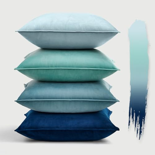Woaboy 4er Set Samt Kissenbezug 50x50 cm Blau Serie | Weich Dekorativ Umwickelte Kante Kissenhülle Hochwertig Gemütlich Modern Boho für Sofa Wohnzimmer Schlafzimmer Geschenk