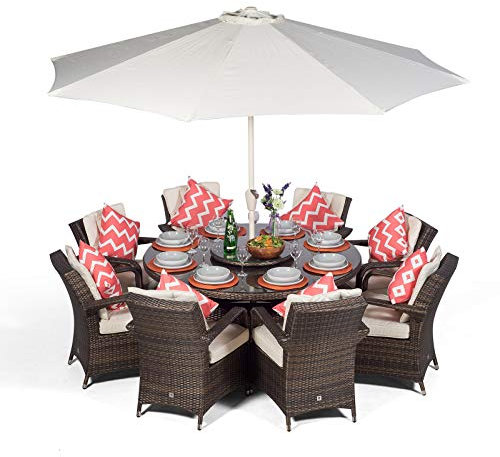 Giardino Arizona Luxury Large Rattan Dining Set | Round 8 Seater Brown Outdoor Poly Rattan Garden Table & Chairs Set with Parasol & Cover