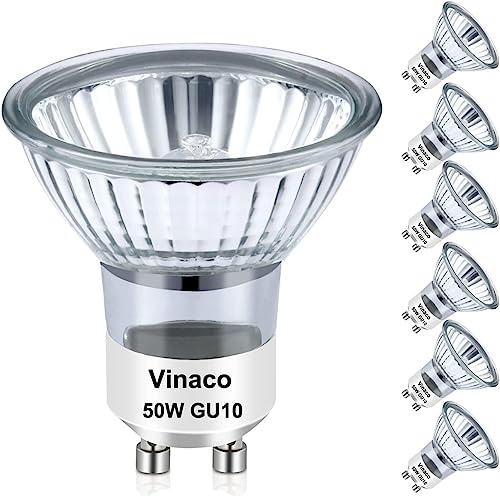 Vinaco GU10 Halogen Bulb Dimmable, GU10+c 110V 50W Candle Warmer Lamp Replacement, MR16 GU 10 50W Halogen Bulb 120V, 50 W MR16 with Glass Cover for Track&Recessed Lighting, 2800K Warm White, 6 Pack