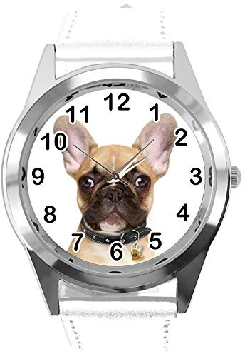 TAPORT® watch analogue Quartz with Real Leather Band WHITE ROUND for FRENCH BULLDOG FANS